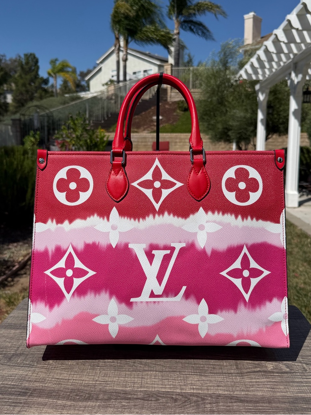 LV Print Pink Red Ombré Gradient Monogram Large GM Size Onthego Shoulder Bag